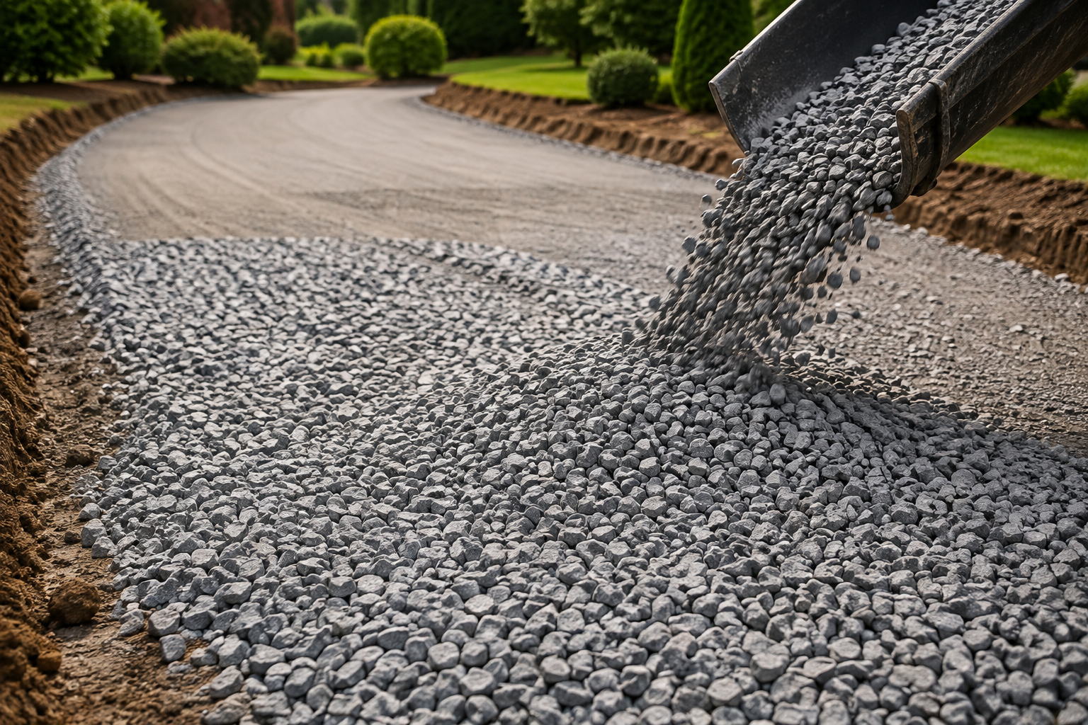 Fresh gravel poured onto a curved driveway, with black gravel spilling from a truck bed