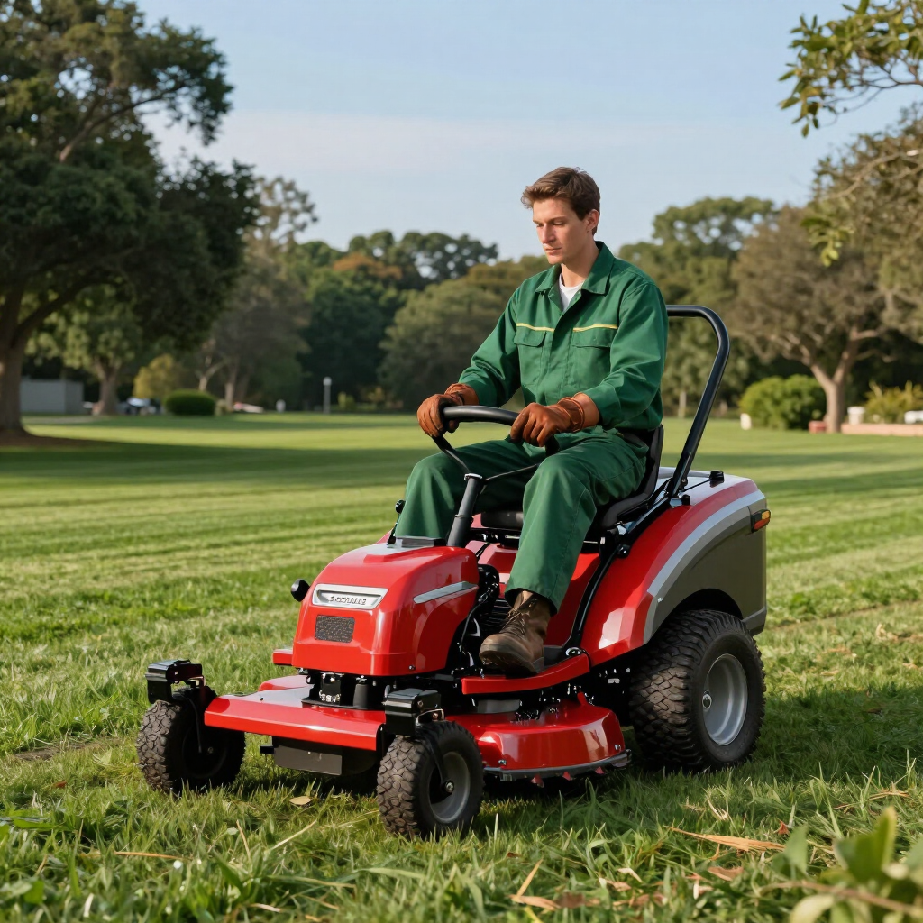 Orange and white push lawn mower on a grassy lawn, with a raised handle and dark trees behind it