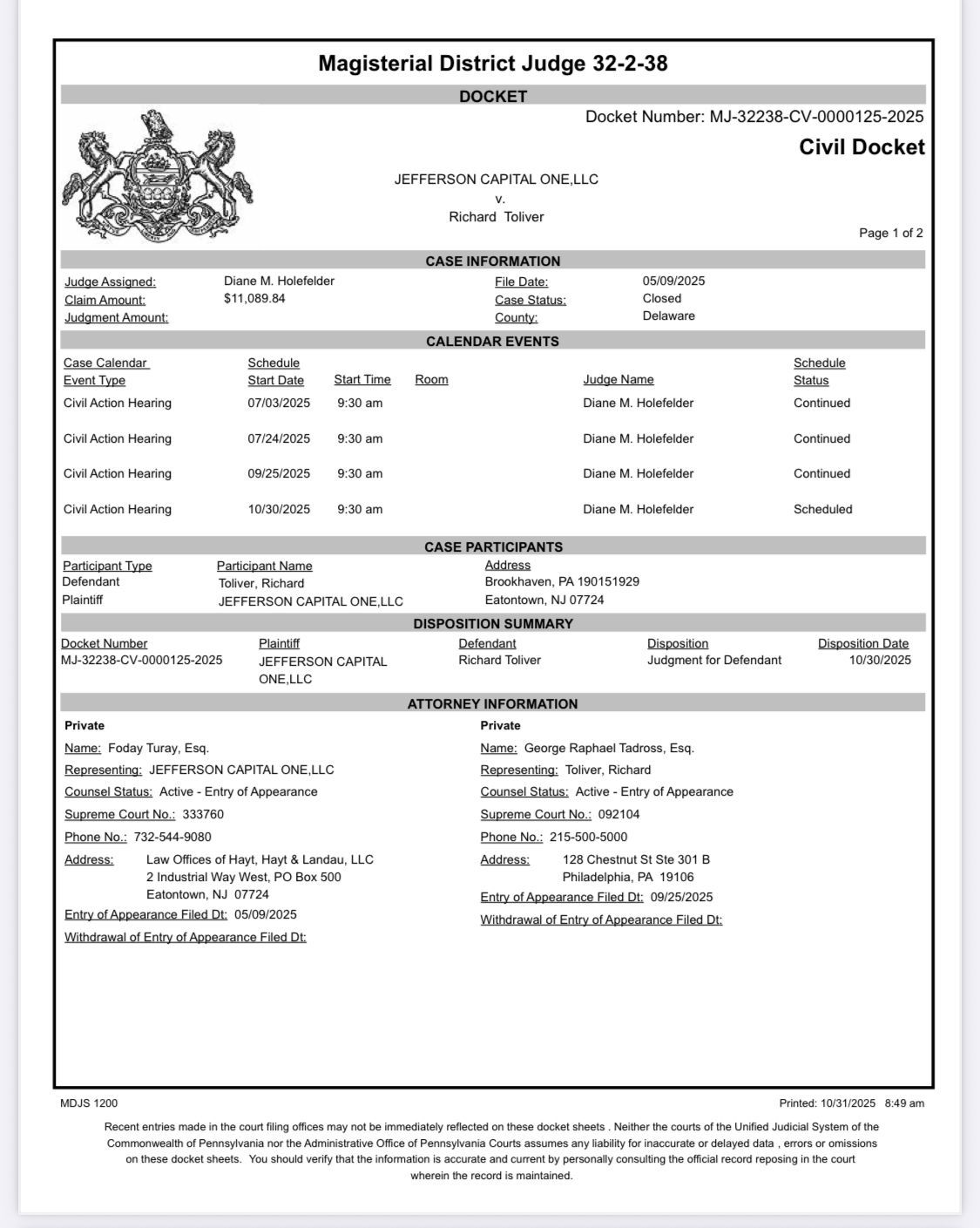 Court document, case details, and filing information for a judge in the state of Pennsylvania.