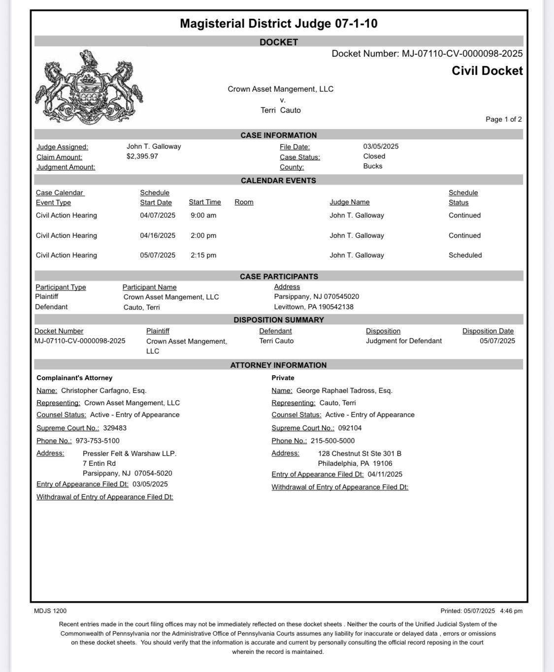 Court document, case involving John & Jane Doe; lists names, dates, and legal details.