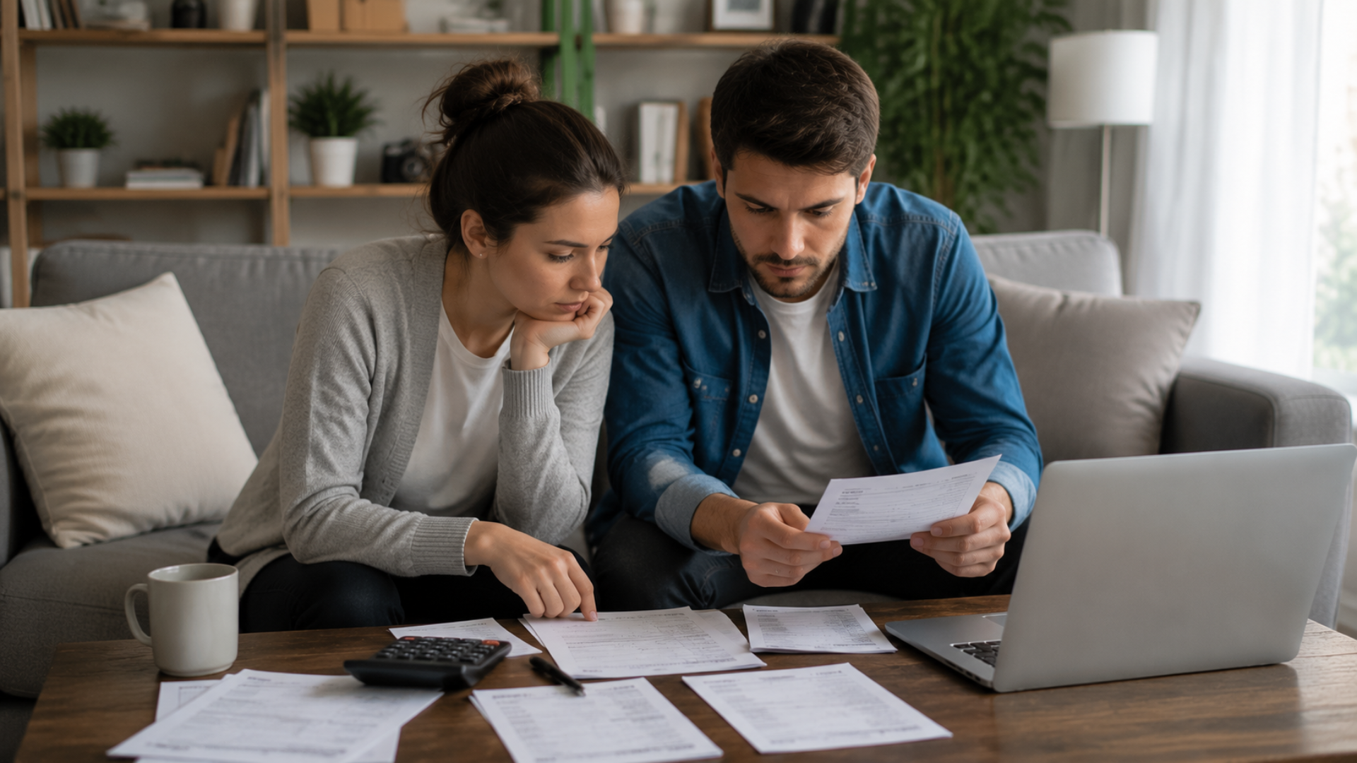 Two people reviewing paperwork at a table with a laptop in a bright living room.
