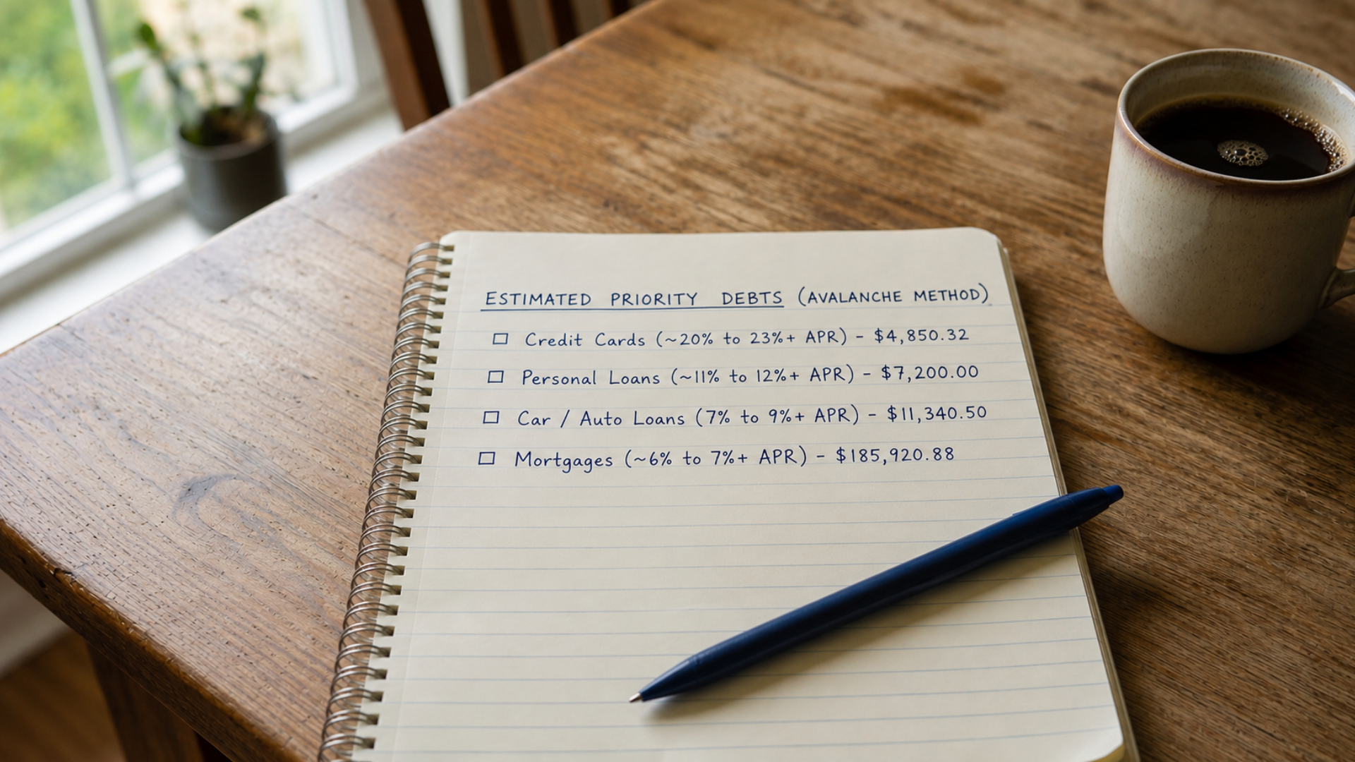Notebook with handwritten notes and a blue pen beside a cup of coffee on a wooden table.