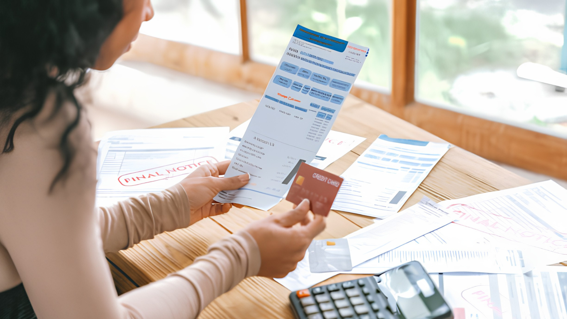 Person reviewing bills and a credit card at a desk with calculator and paperwork.
