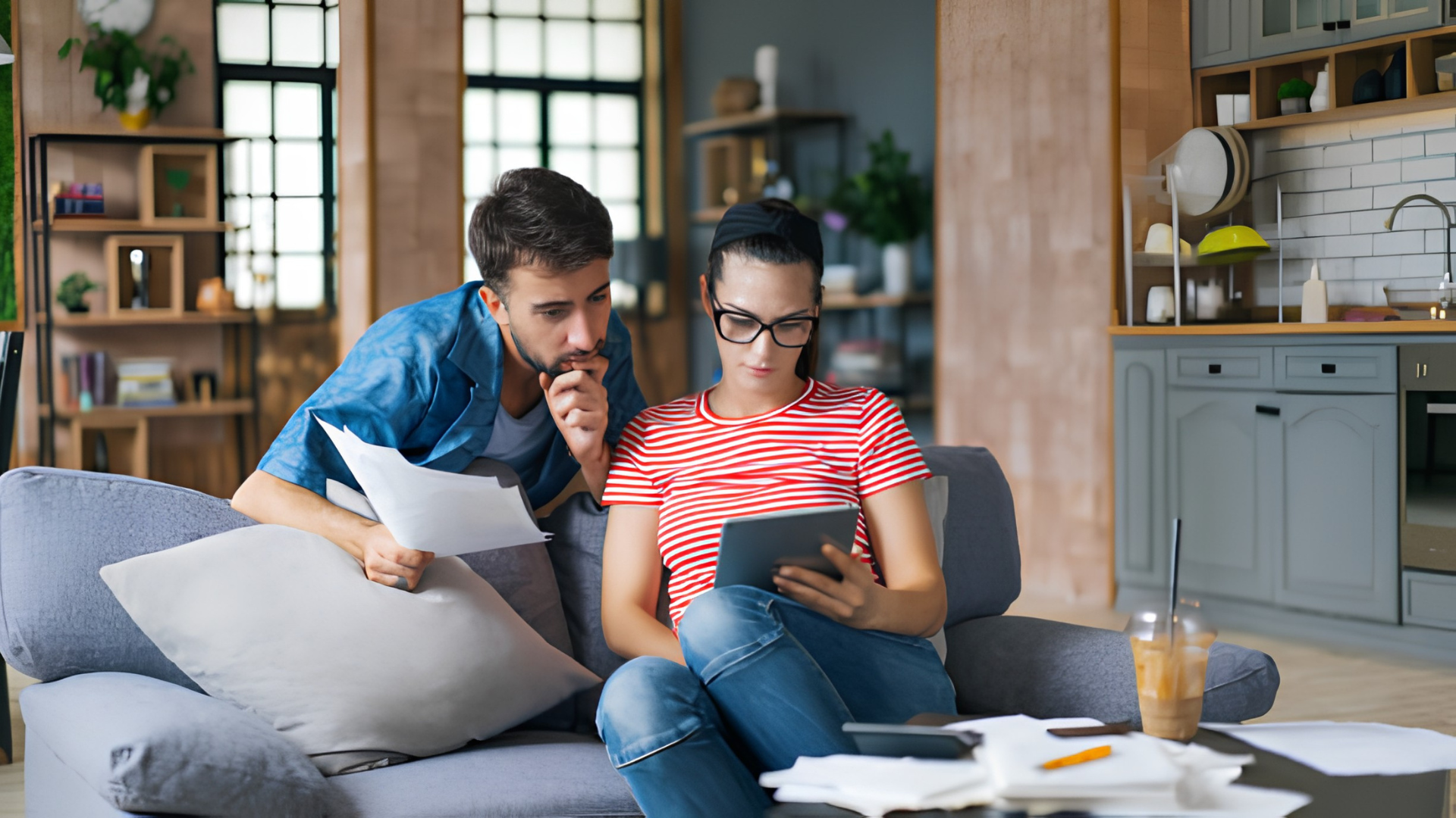 Two people on a couch looking at a tablet in a bright living room and kitchen area