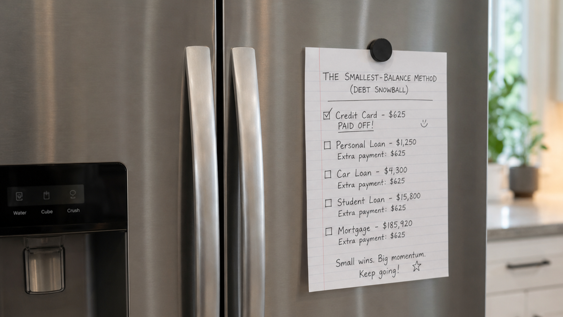 Stainless steel refrigerator with a handwritten note taped to the door in a bright kitchen.