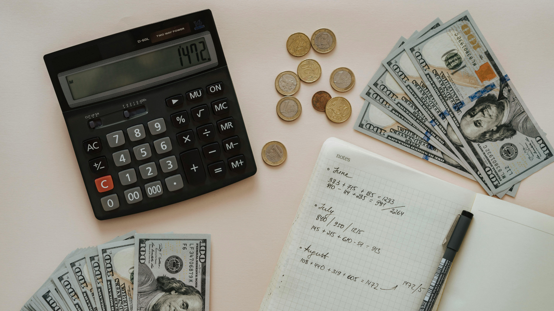Calculator, coins, US dollar bills, and a notebook with handwritten notes on a desk.