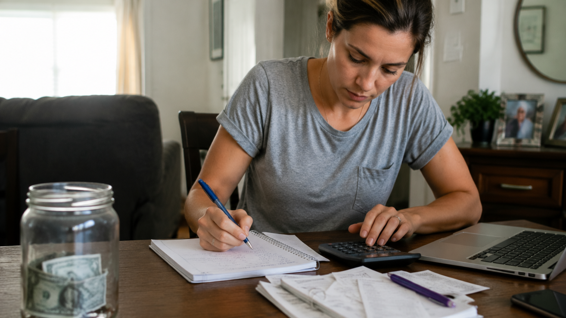Person writing at a table beside a laptop, notebook, calculator, and jar of money.