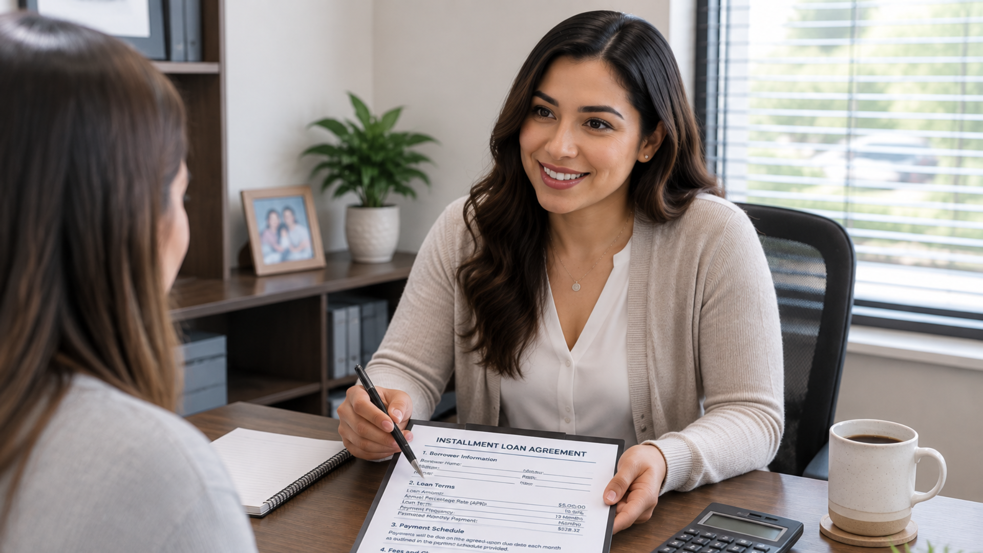 Two women in an office meeting, smiling as one reviews an installment loan agreement across a desk.