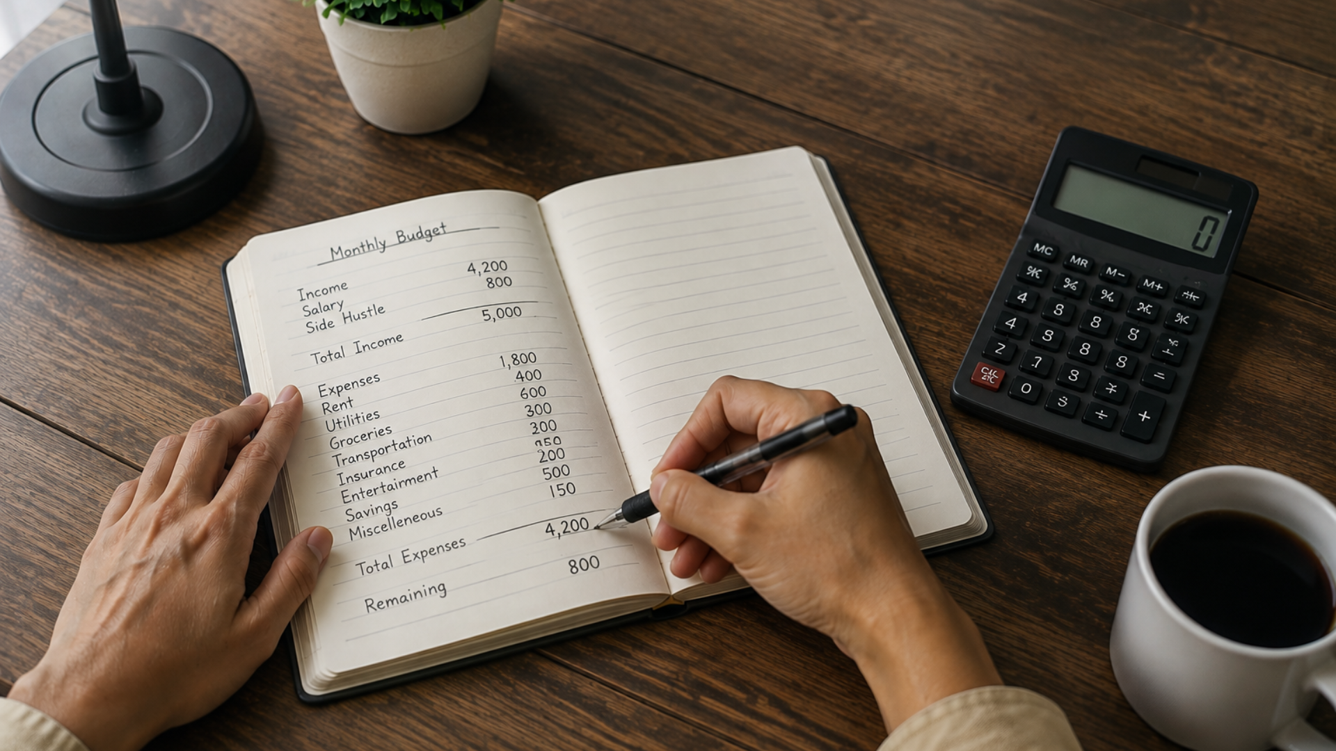 Hands writing a budget beside a calculator and coffee on a wooden desk