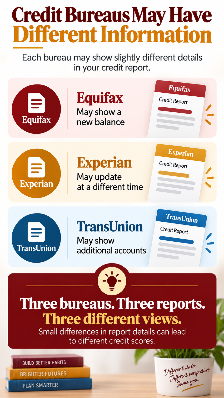Infographic comparing Equifax, Experian, and TransUnion credit report differences with red and blue panels