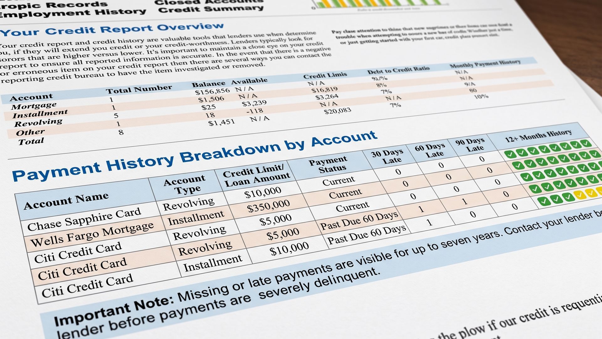 credit report showing the payment history