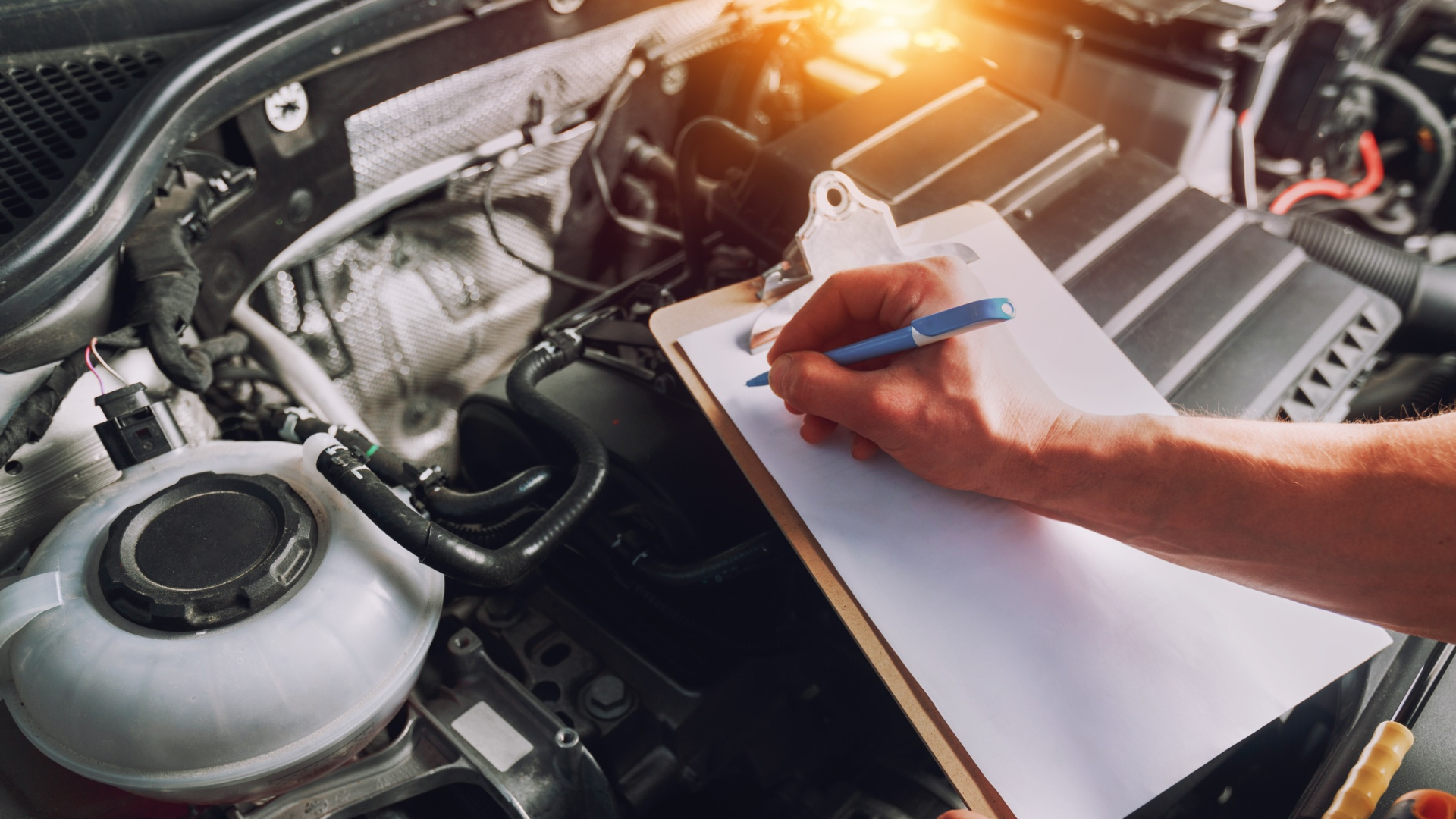 Mechanic writing on a clipboard beside an open car engine in a garage