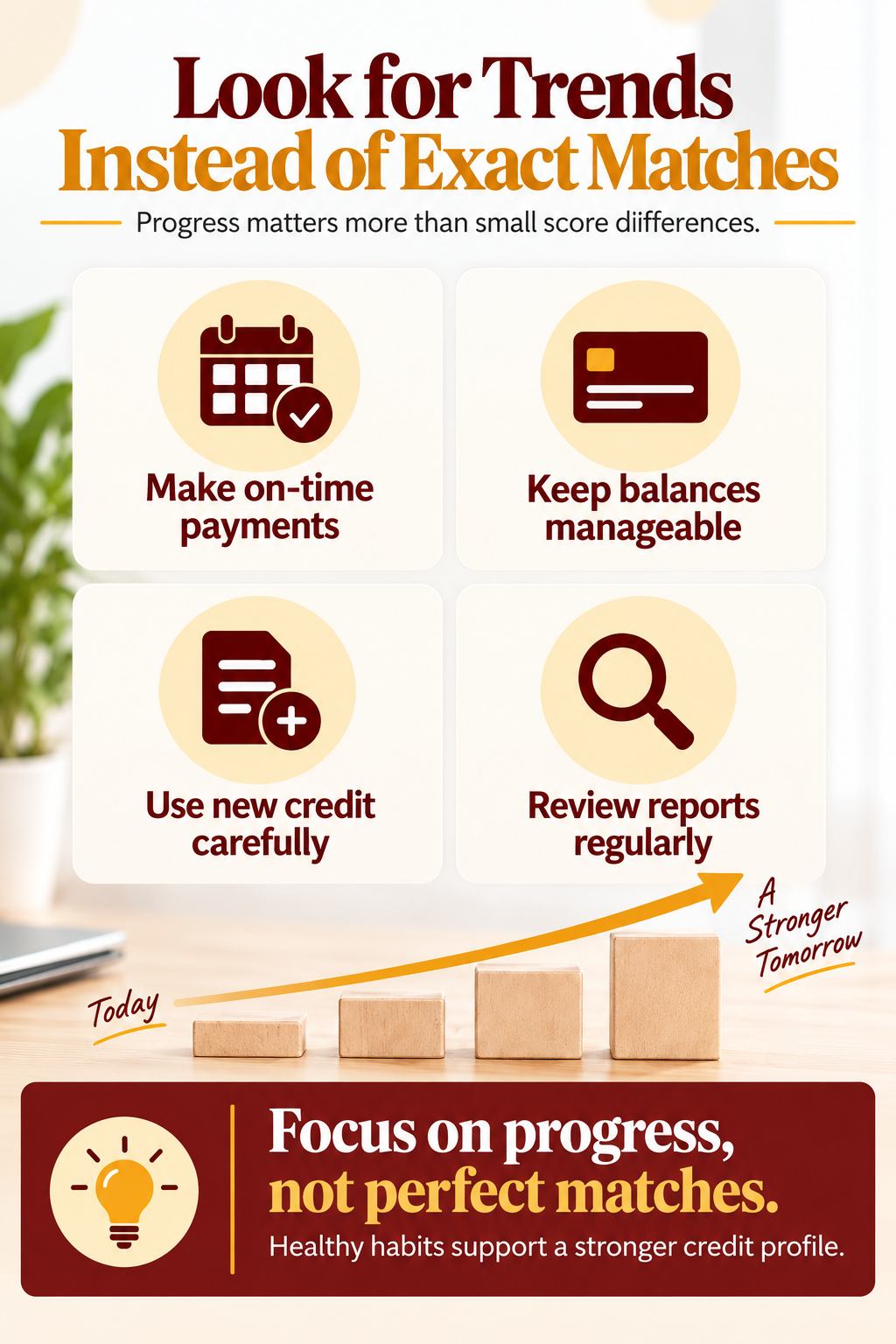 Infographic: “Look for Trends Instead of Exact Matches” with budgeting tips and red-brown icons.
