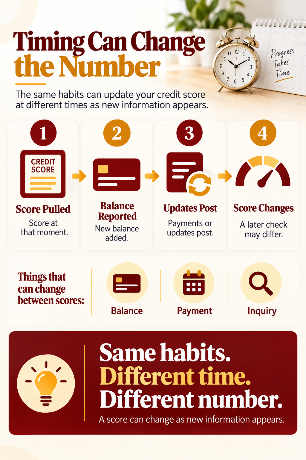 Infographic: timing affects your credit score—payments, balances, inquiries, and charges change over time.
