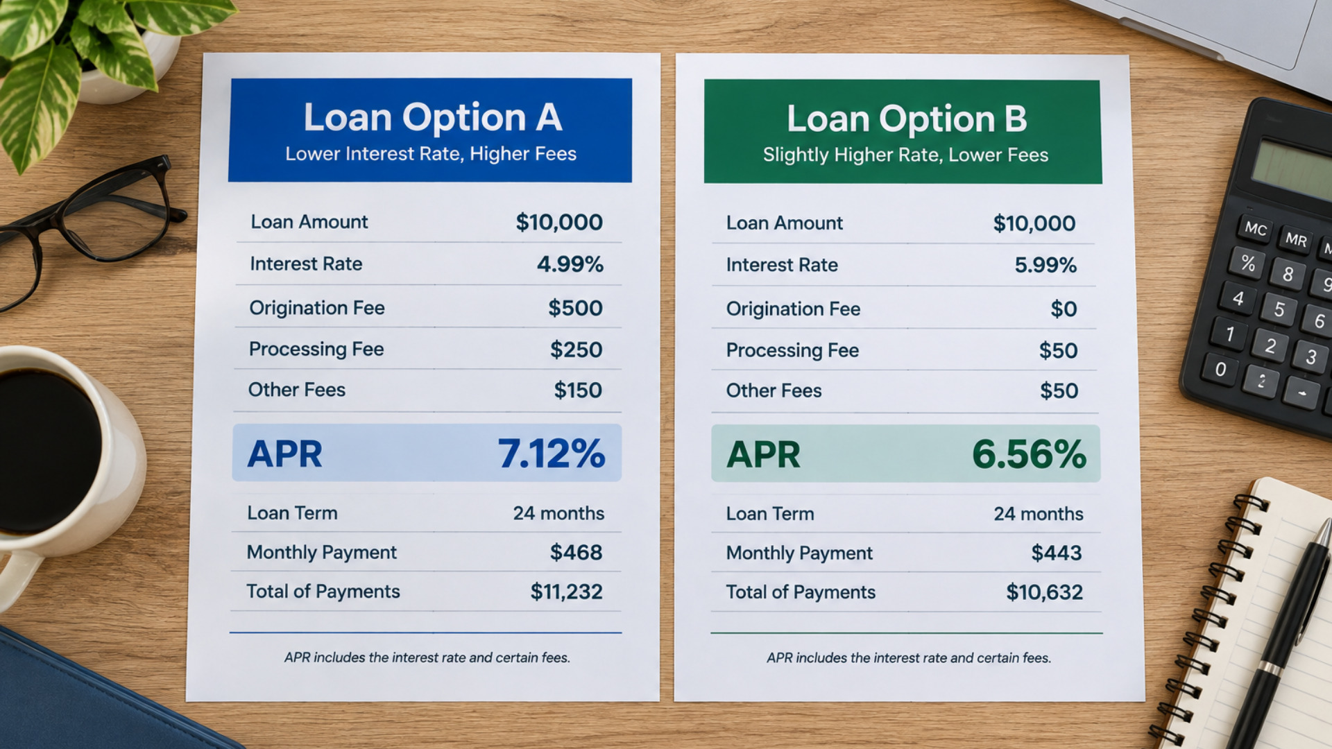 Two loan offer flyers, Loan Option A and B, on a desk with a calculator, coffee, and notebook