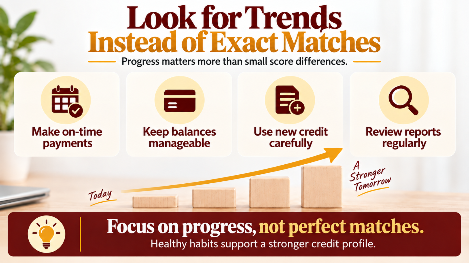 Infographic with headline “Look for Trends Instead of Exact Matches” and four bookkeeping tips in icons and text.