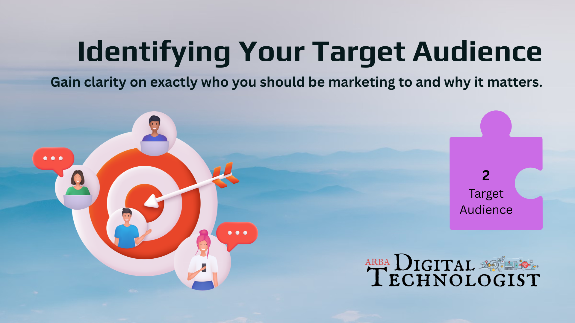 Infographic titled “Identifying Your Target Audience” with a target graphic and purple puzzle piece on a blue background