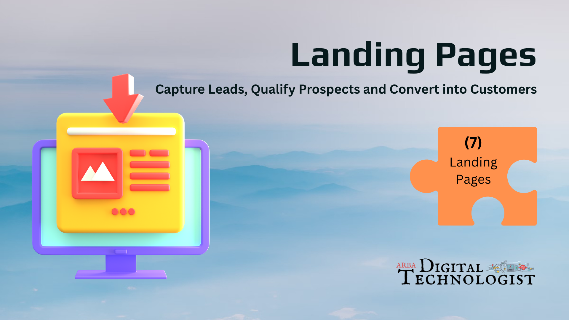 Landing pages banner with a computer icon, puzzle piece, and text about capturing leads and converting customers