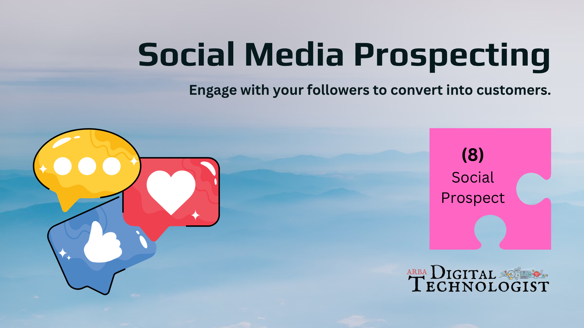 Social media prospecting graphic with speech bubbles, likes, and a pink puzzle piece over a blue background