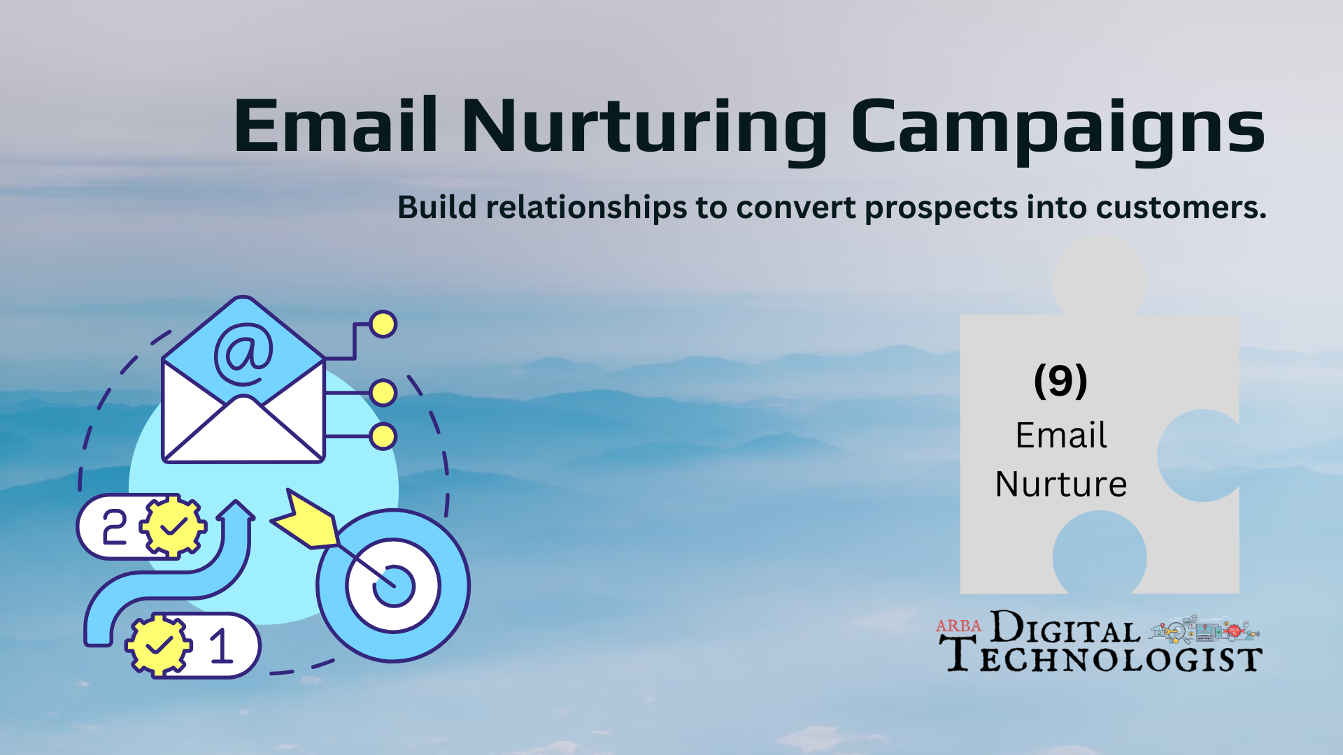 Email Nurturing Campaigns slide with blue graphics, email icons, and a contact icon on a light blue background
