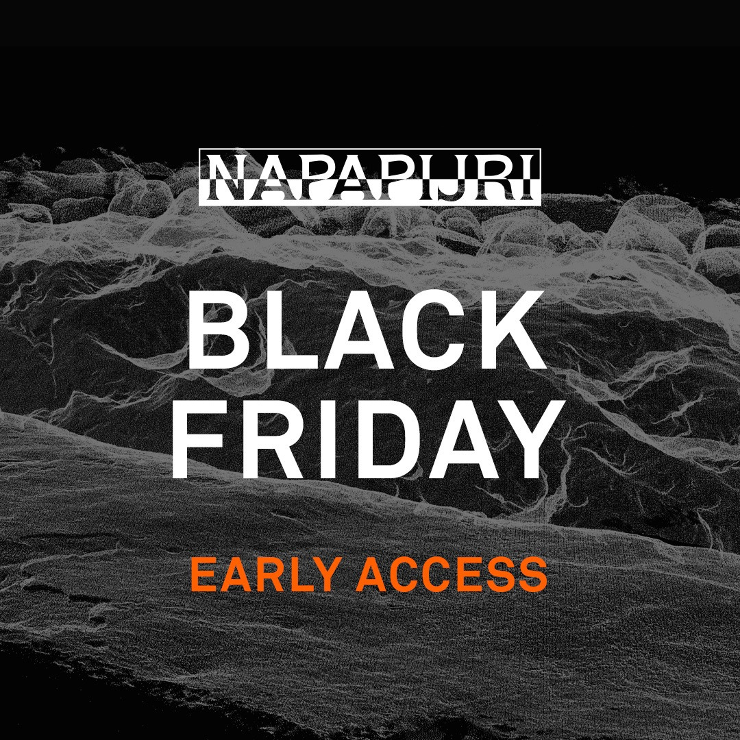 Napapijri Black Friday early access promotion, black and white textured background, logo and text.