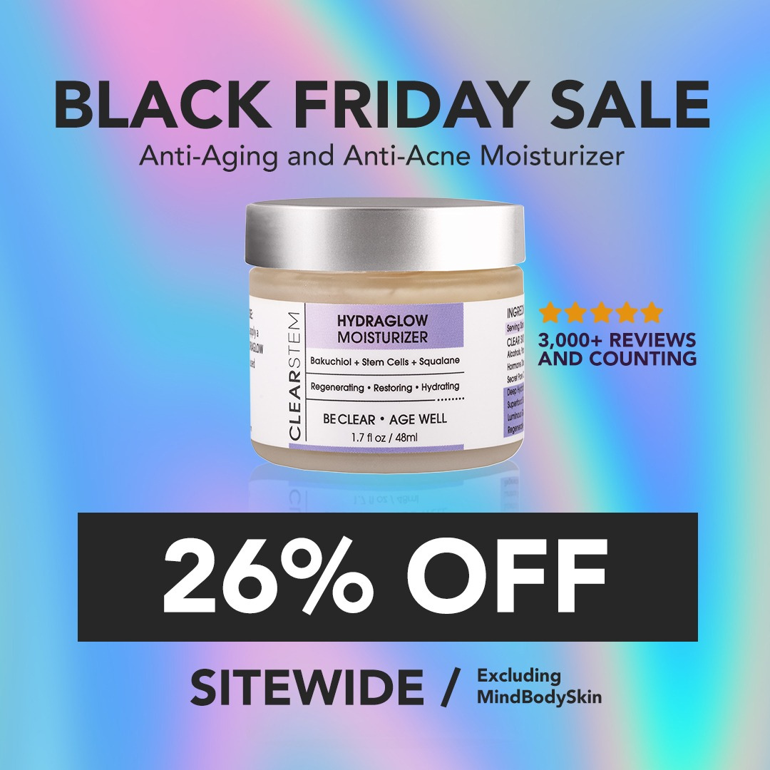 Black Friday sale advertisement: jar of anti-aging/anti-acne moisturizer. 26% off sitewide.
