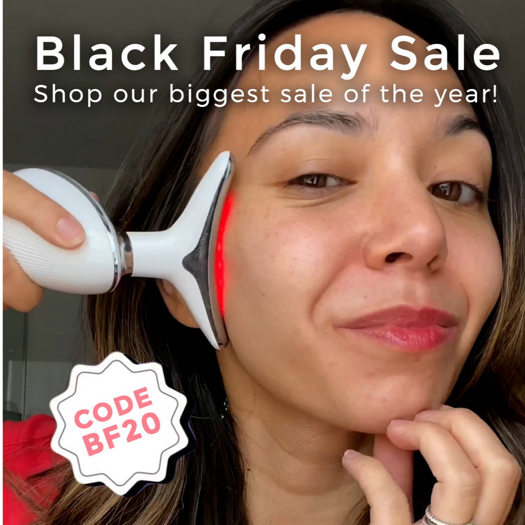 Woman using skincare device, red light visible. Black Friday sale announcement with code 