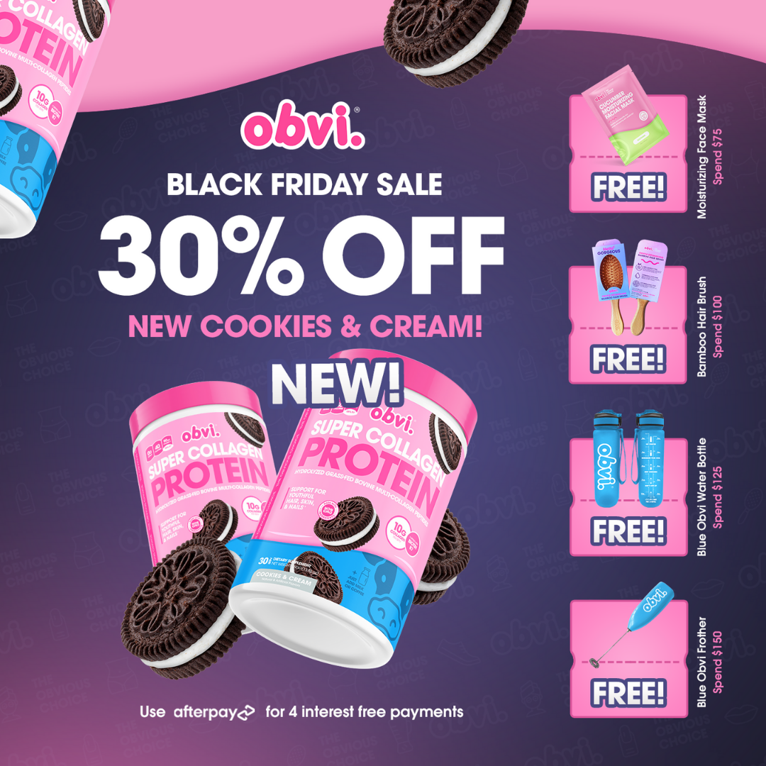 Black Friday sale ad for Obvi protein. 30% off new cookies & cream flavor. Includes free gifts.