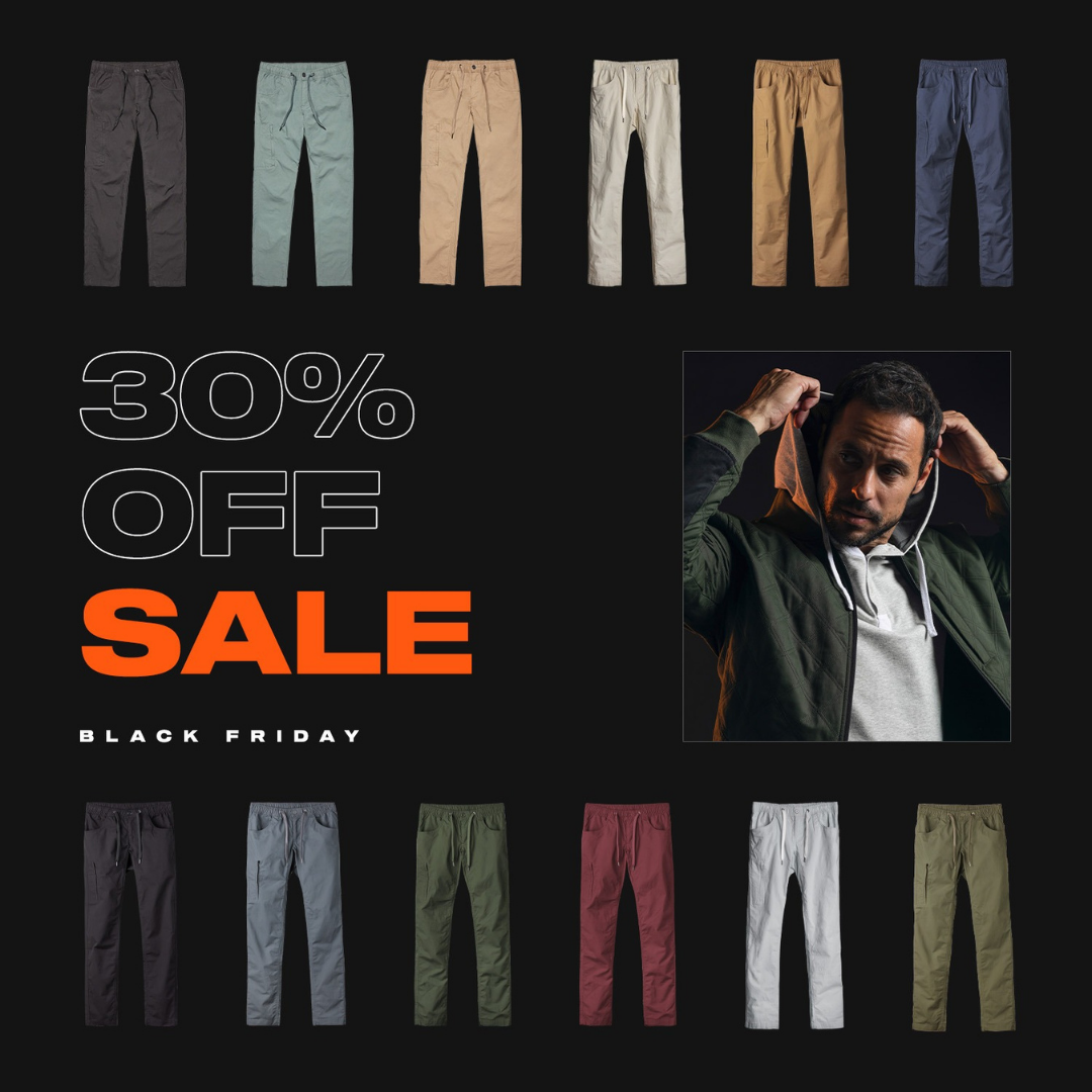 Sale on various colored pants with a man modeling, 30% off, Black Friday.