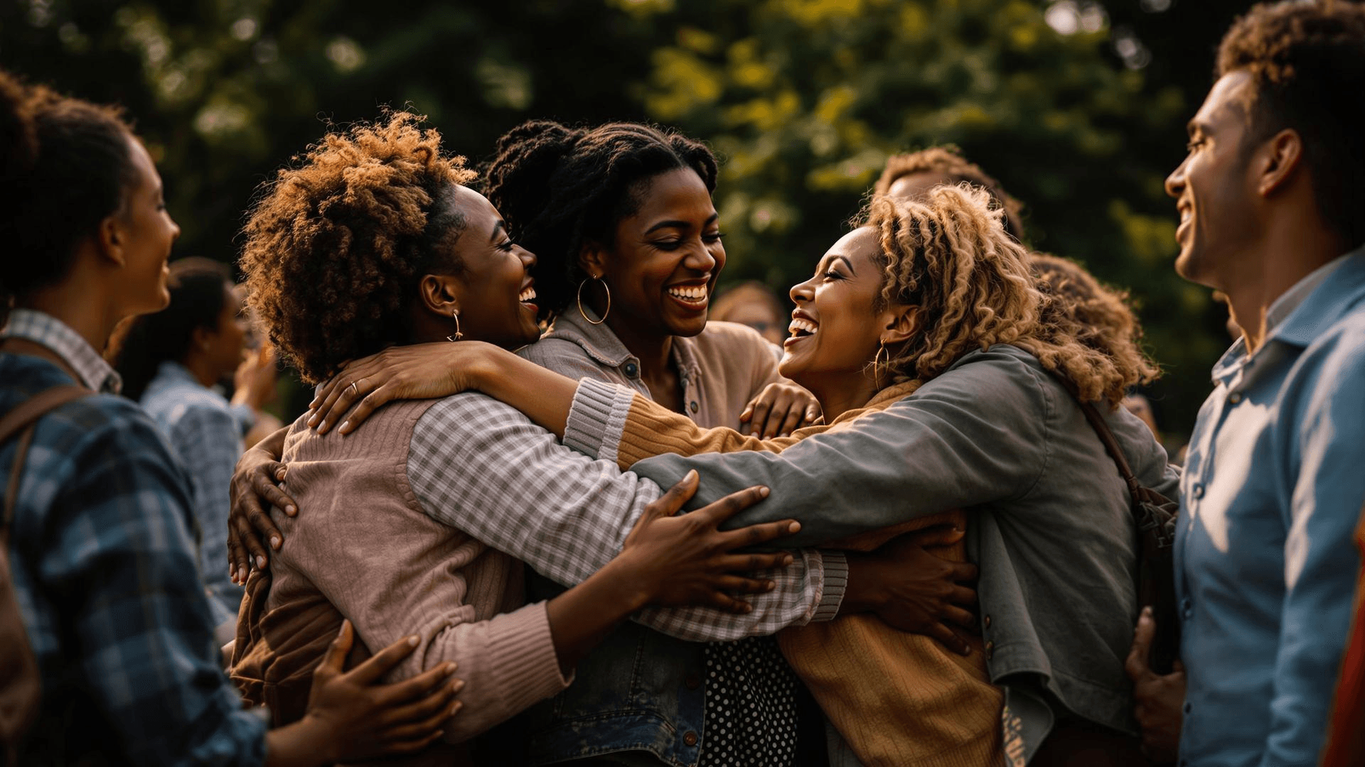 Group of people hugging and smiling outdoors in warm sunlight, showing a joyful reunion