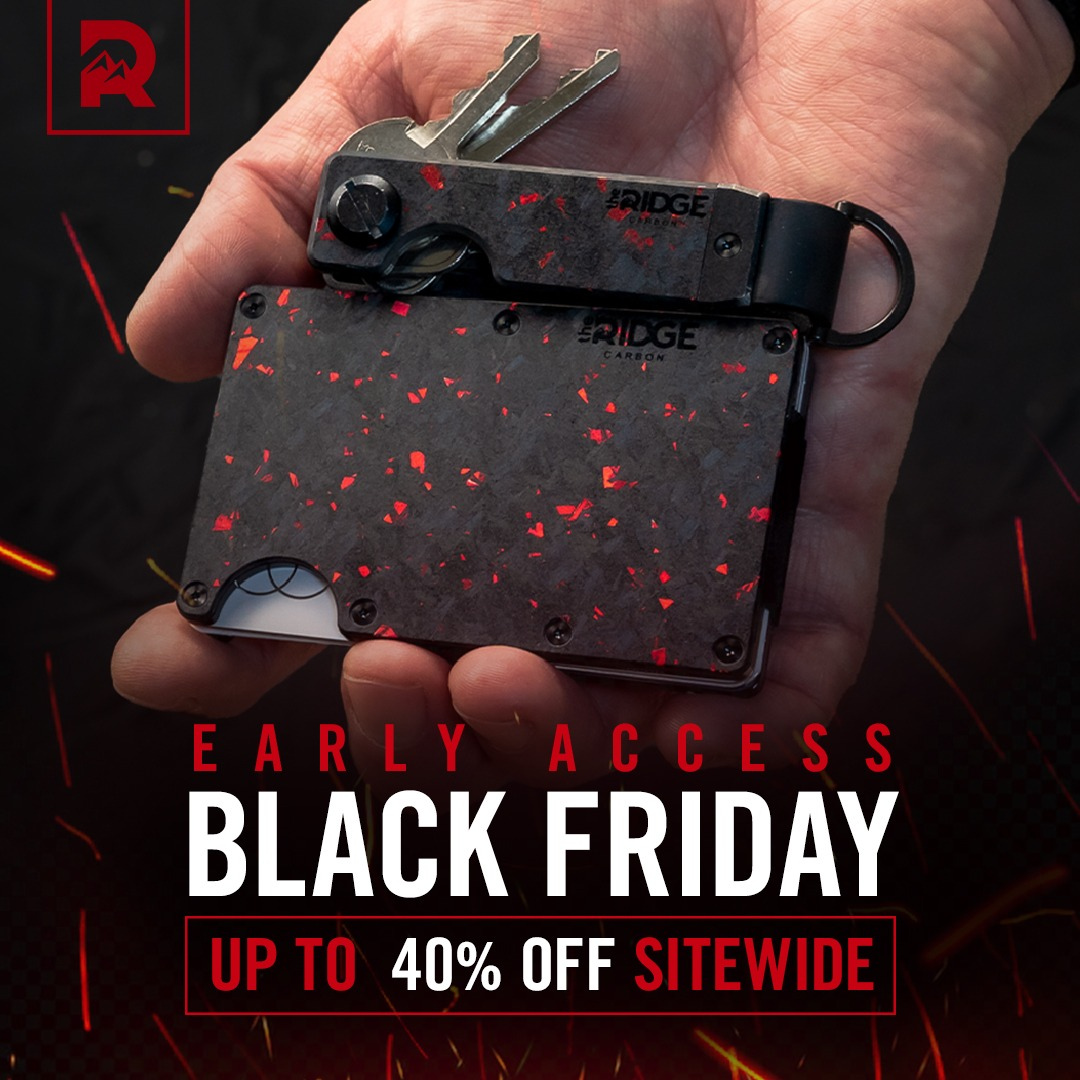 Hand holding a red-speckled black wallet and keys; Early Access Black Friday sale, up to 40% off sitewide.