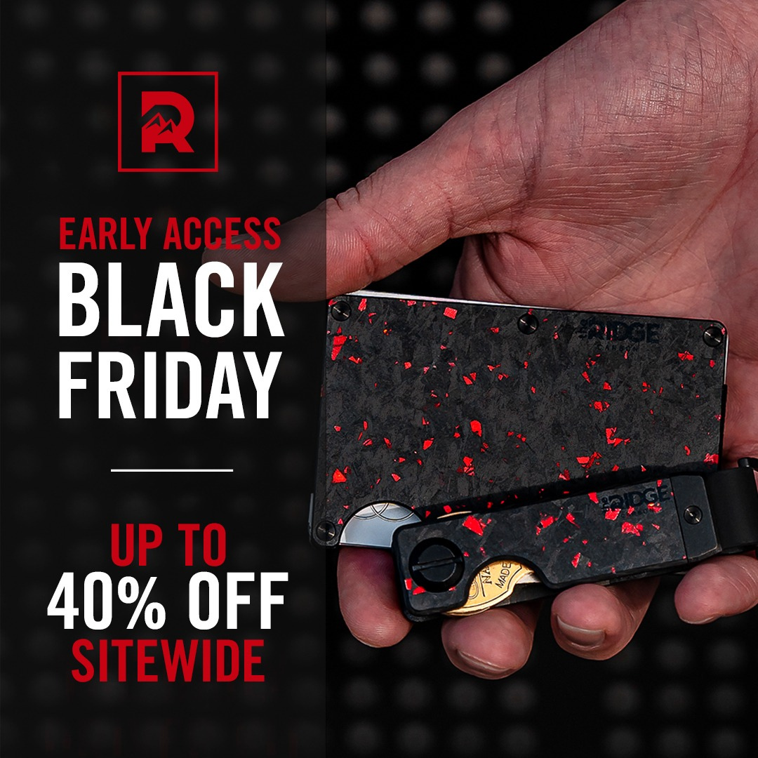 Black Friday sale ad: Hand holding a black and red wallet; up to 40% off sitewide.