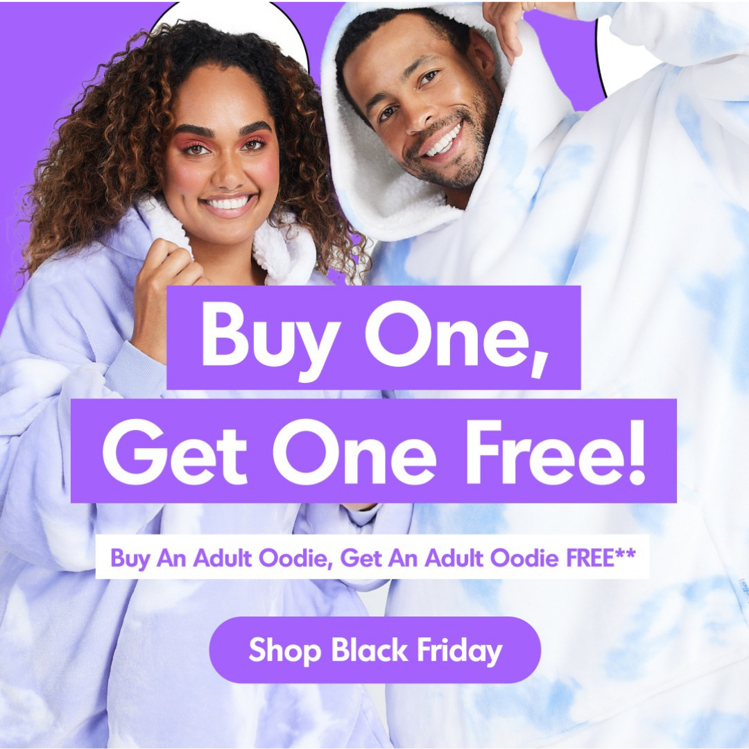 Black Friday sale: Smiling couple in blue Oodies,