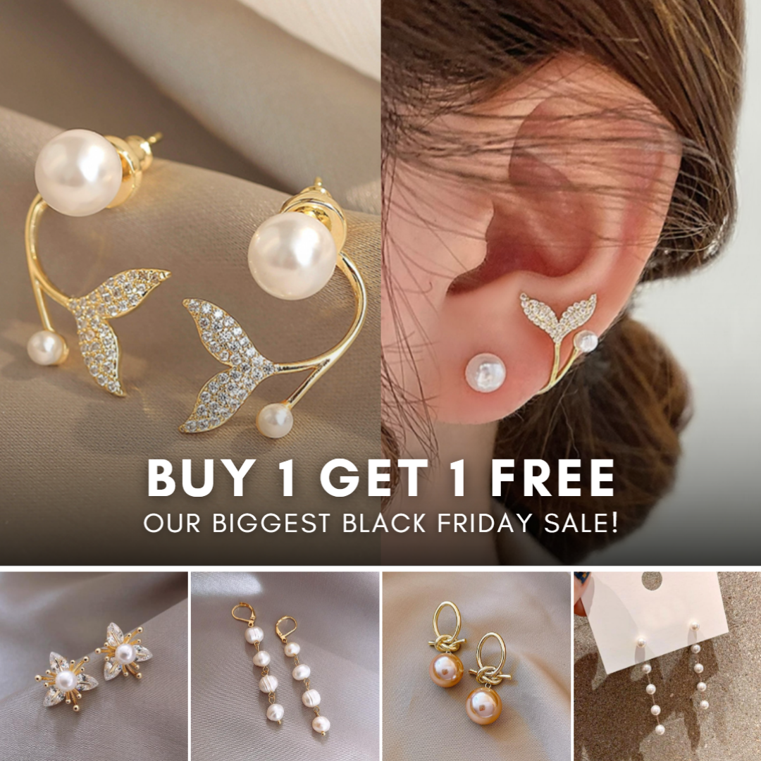 Black Friday earrings sale: Pearl and gold fish tail designs. 