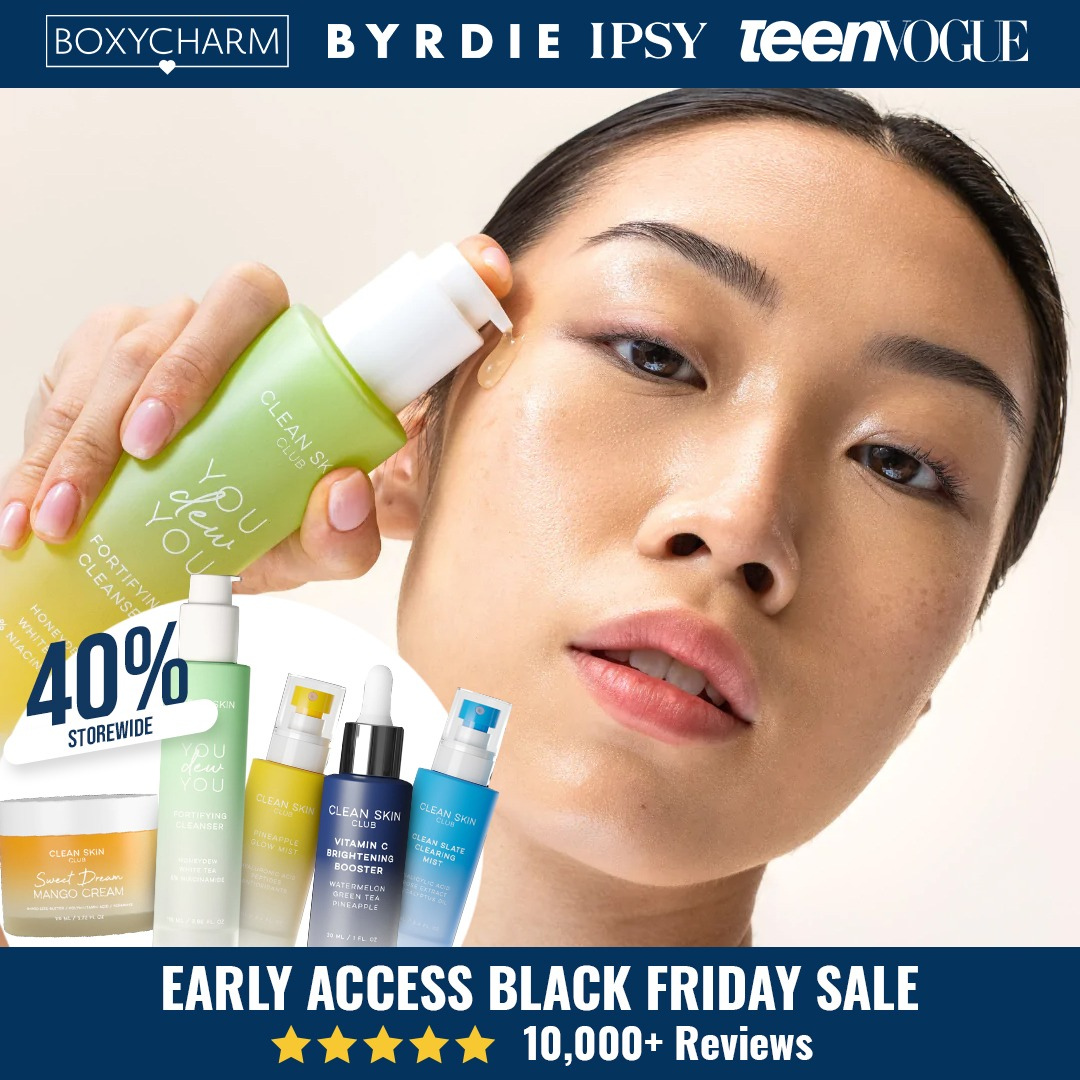 Woman applying skincare with cosmetic bottles, Early Access Black Friday sale, 40% off.