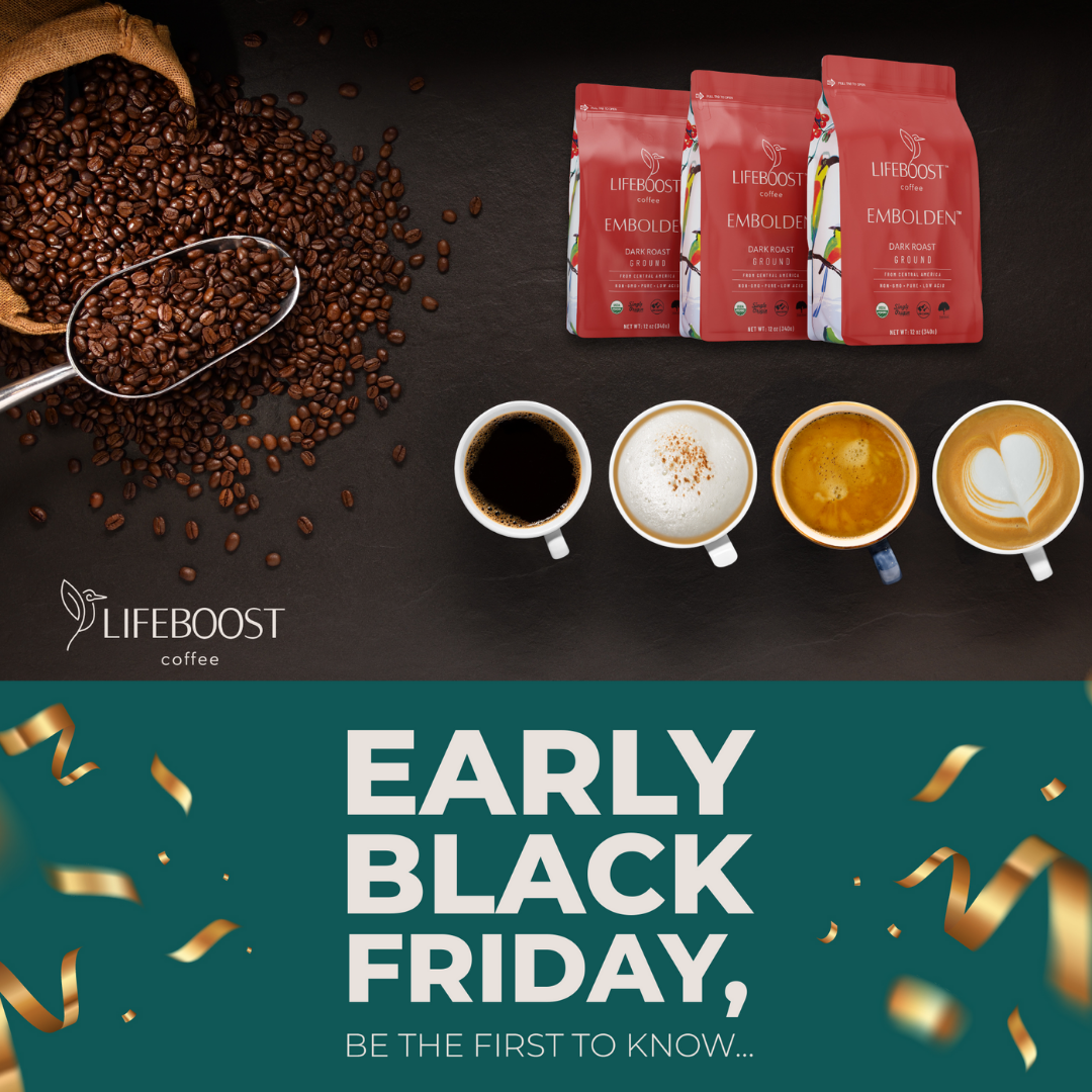 Coffee promotion: bags, beans, drinks, and cups arranged on black. 