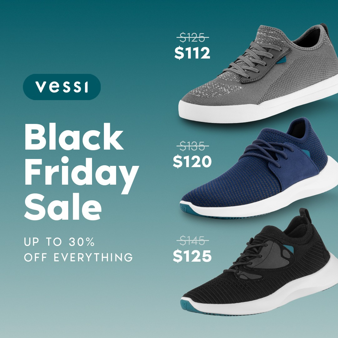 Vessi Black Friday Sale ad. Offers up to 30% off shoes. Gray, navy, and black sneakers shown with sale prices.