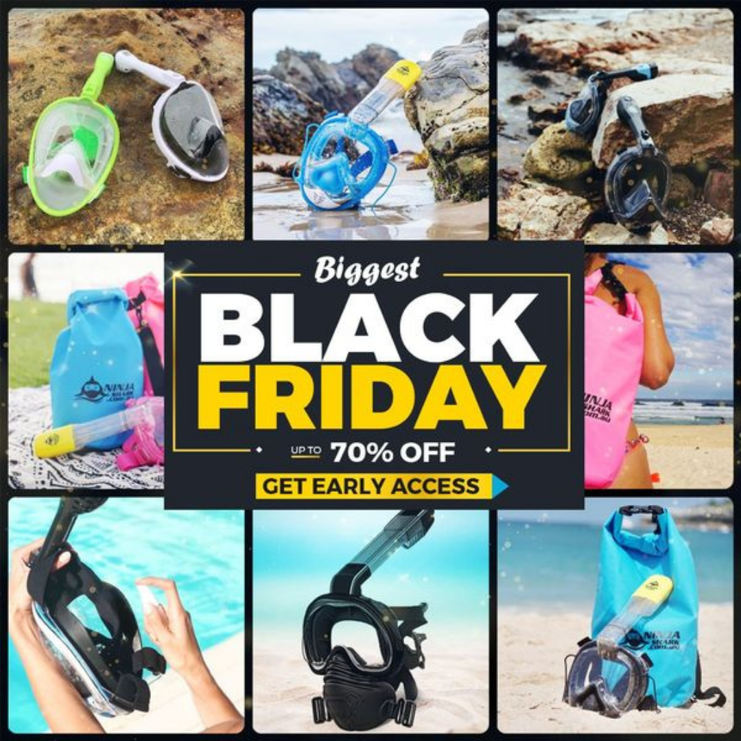 Black Friday sale ad featuring snorkeling gear, 70% off.