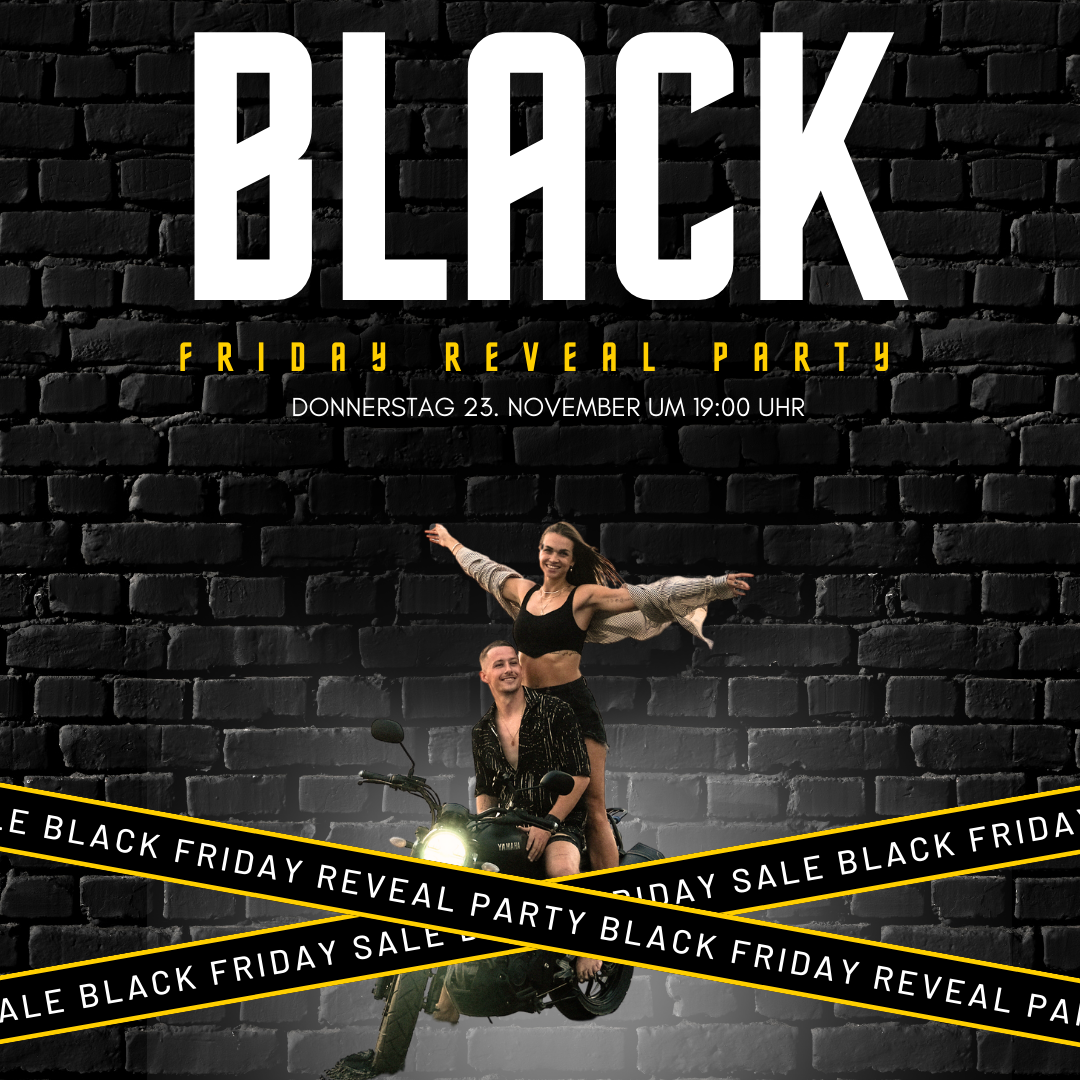 Black Friday reveal party poster. Two women on a motorcycle in front of a brick wall. Text overlay: 