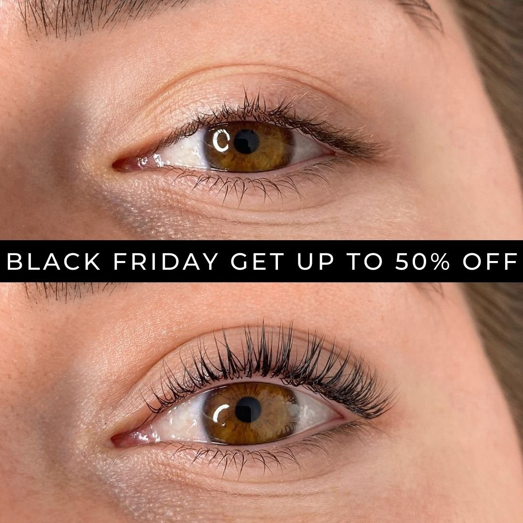 Comparison of eyes: top natural lashes, bottom lashes lifted. Black Friday sale text overlay.