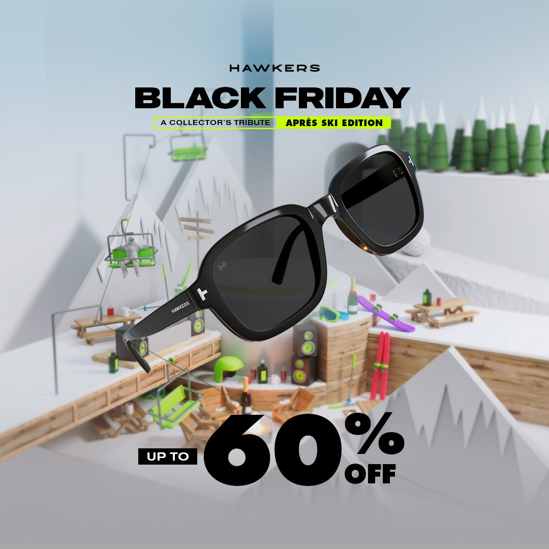 Black sunglasses ad. Black Friday sale. Ski resort backdrop. Up to 60% off.