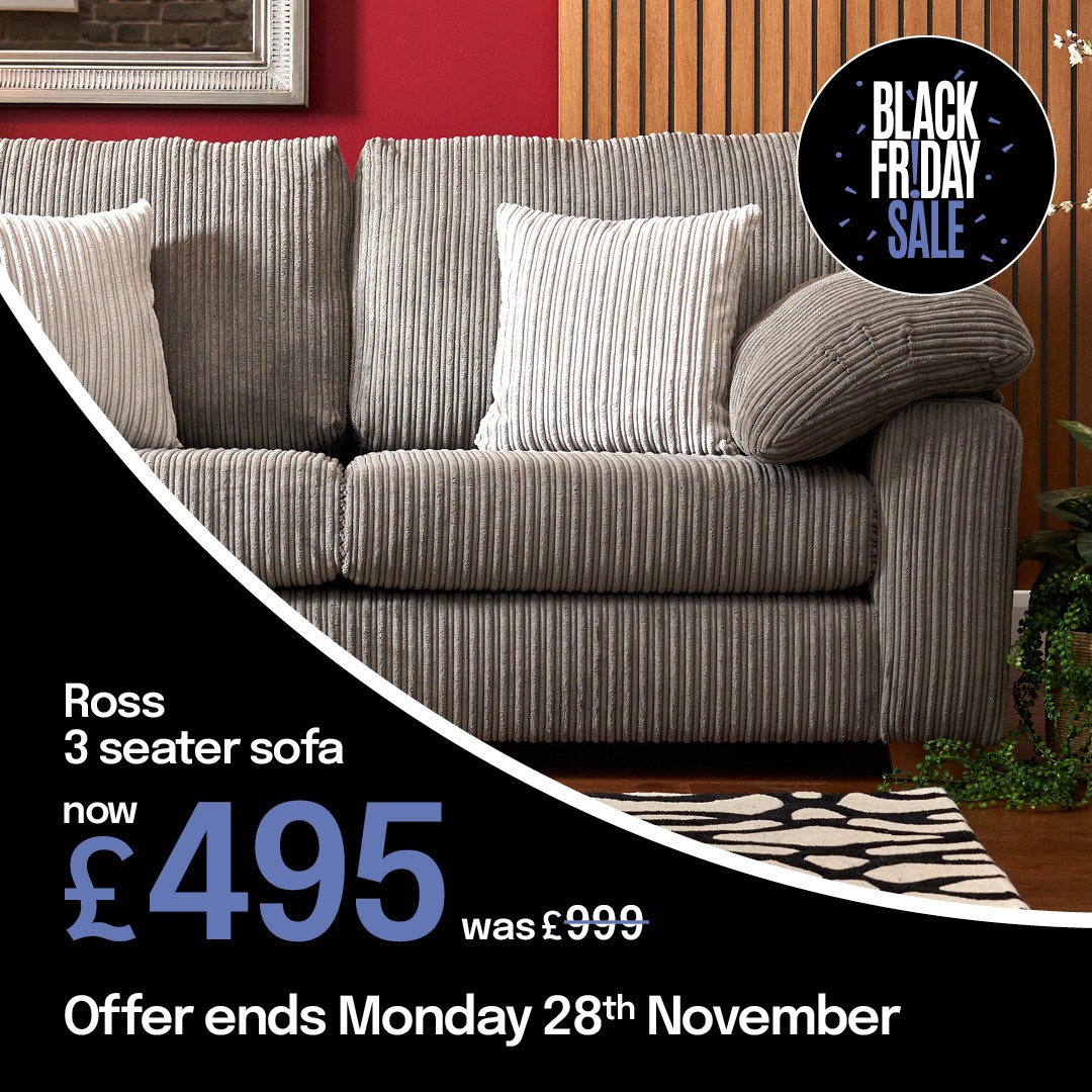Black Friday sale: Ross 3-seater sofa, now £495 (was £999). Offer ends Nov 28. Gray corduroy sofa with pillows.