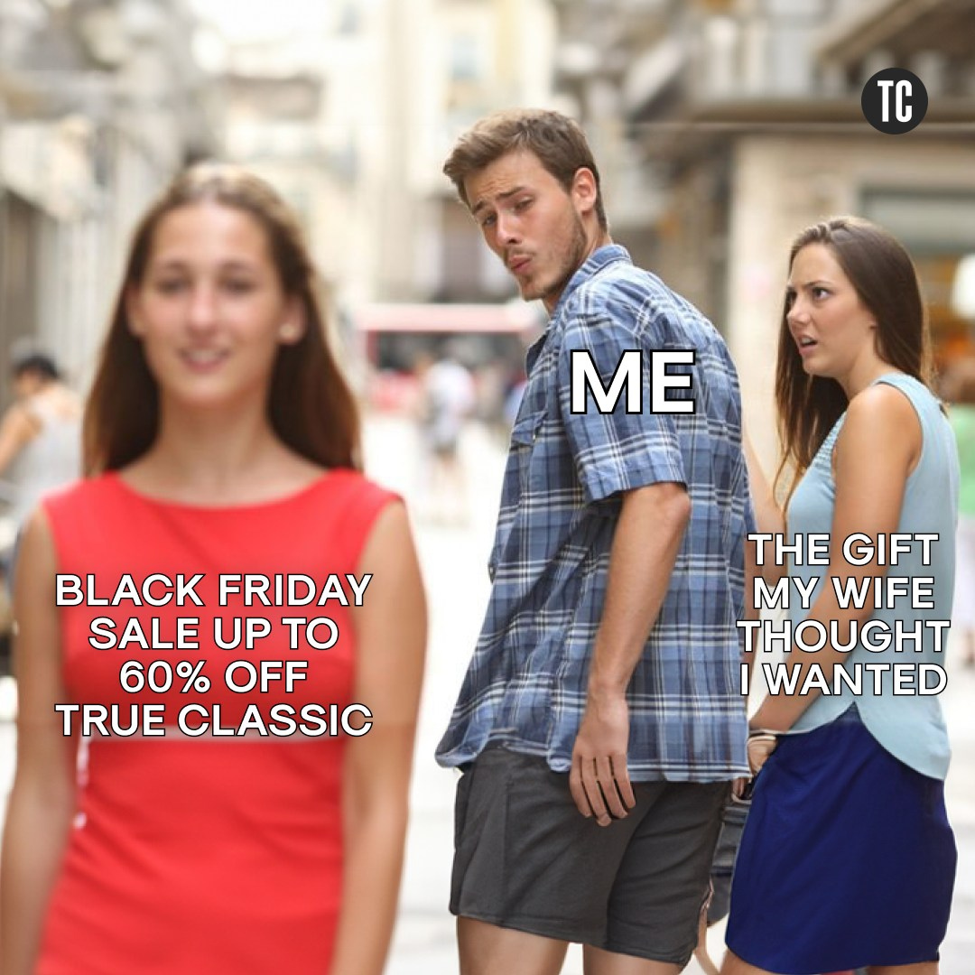 Man looking at Black Friday sale ad, ignoring gift his wife thought he wanted.