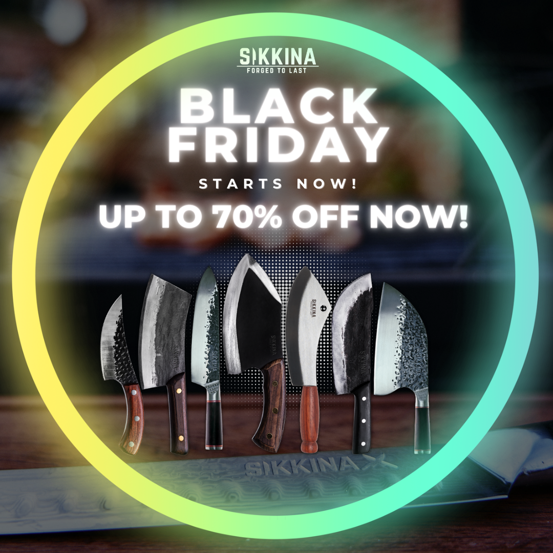 Black Friday sale: Sikkinna knives with up to 70% off. Knives displayed in front of a glowing circle.