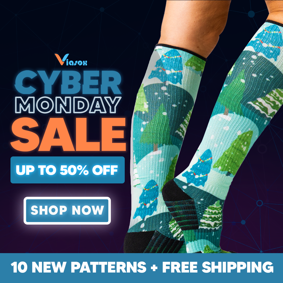 Cyber Monday sale ad for Vinzon socks, featuring colorful patterned compression socks.