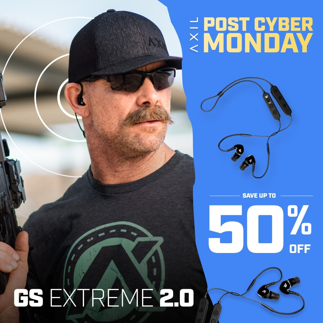 Man wearing sunglasses and hat, advertising GS Extreme 2.0 headphones. Post Cyber Monday sale, up to 50% off.