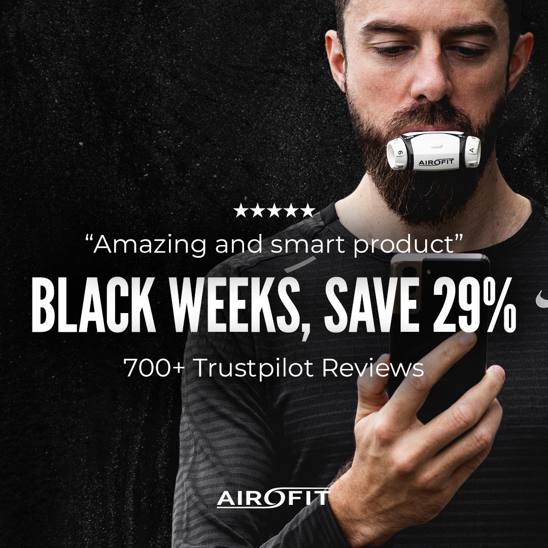 Man with fitness device and phone. Black Weeks sale, save 29%. Features “Amazing and smart product”.
