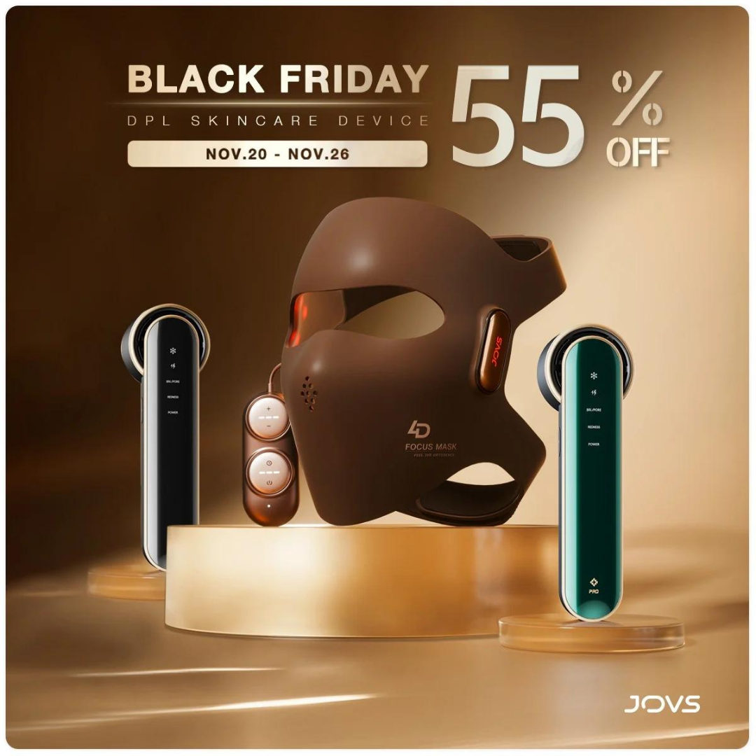 Black Friday ad: Brown facial device, two wands, and 55% off sale from Nov. 20-25. Gold and brown tones.