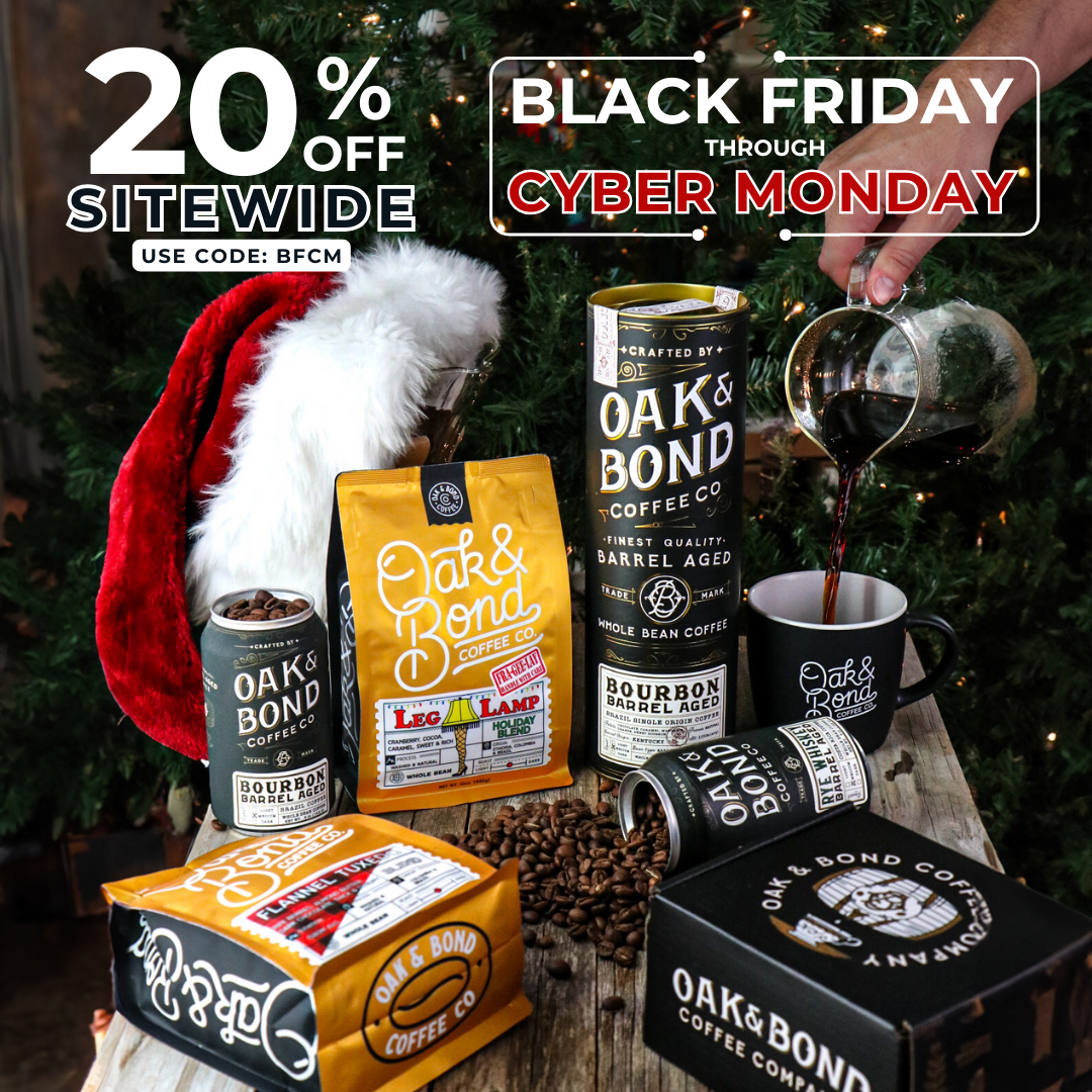 Black Friday and Cyber Monday sale: 20% off sitewide on Oak & Bond coffee. Featuring coffee beans and products, Santa hat.
