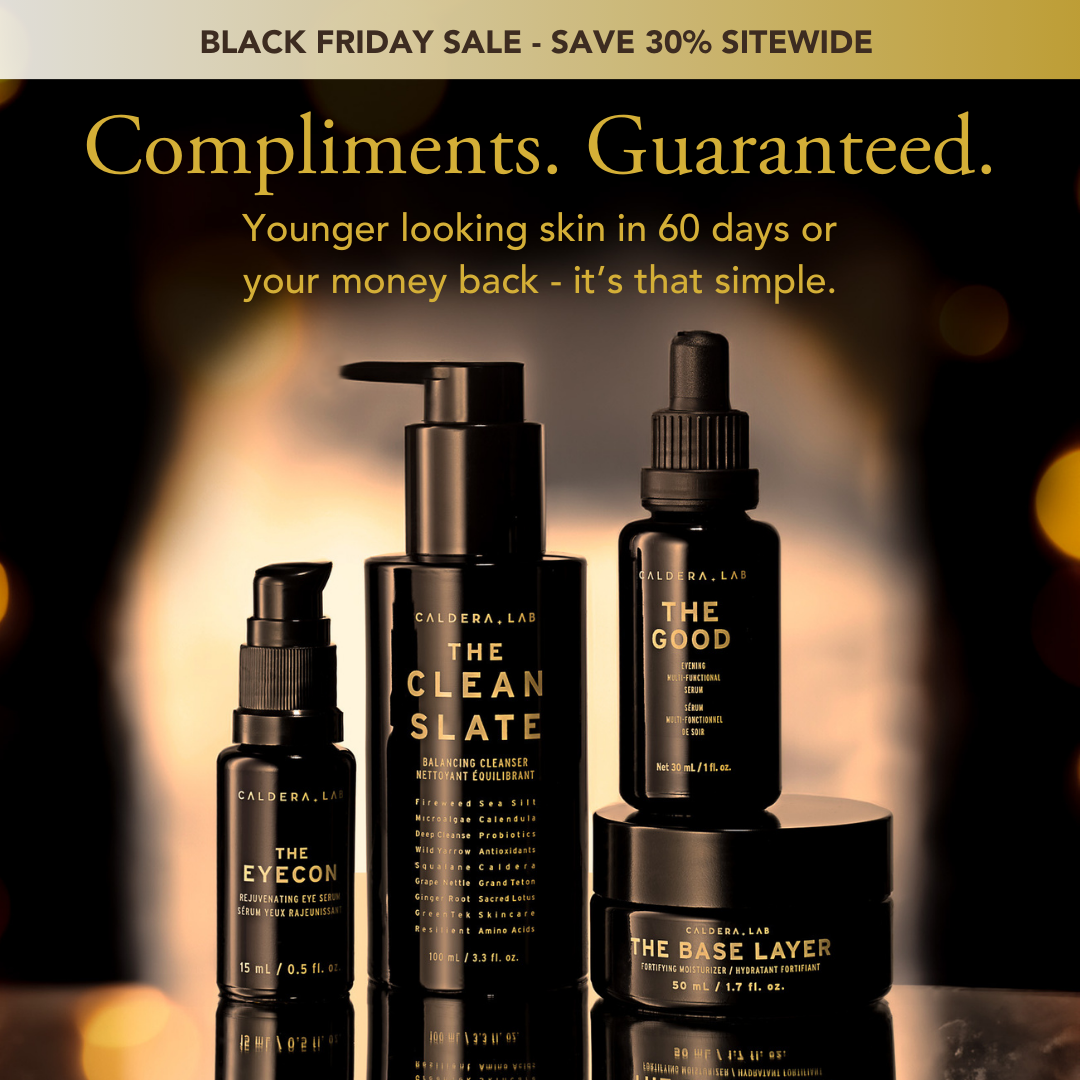 Black Friday ad: Skincare products in black bottles. Claims to guarantee younger skin in 60 days. 30% off sitewide.